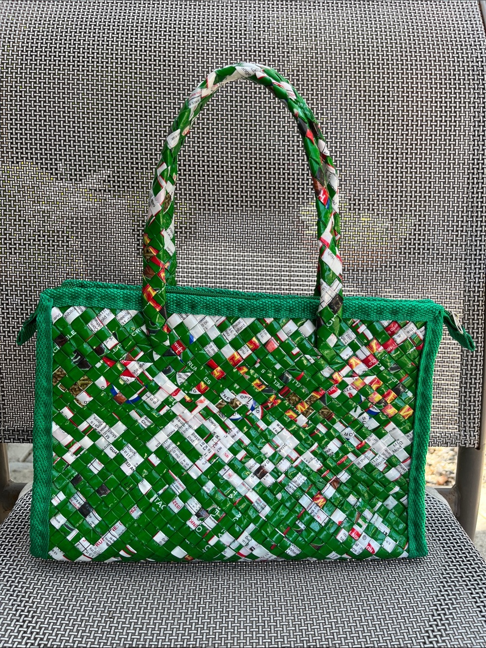 Handwoven Green & White Tote Bag - Eco Chic Women’s Bag